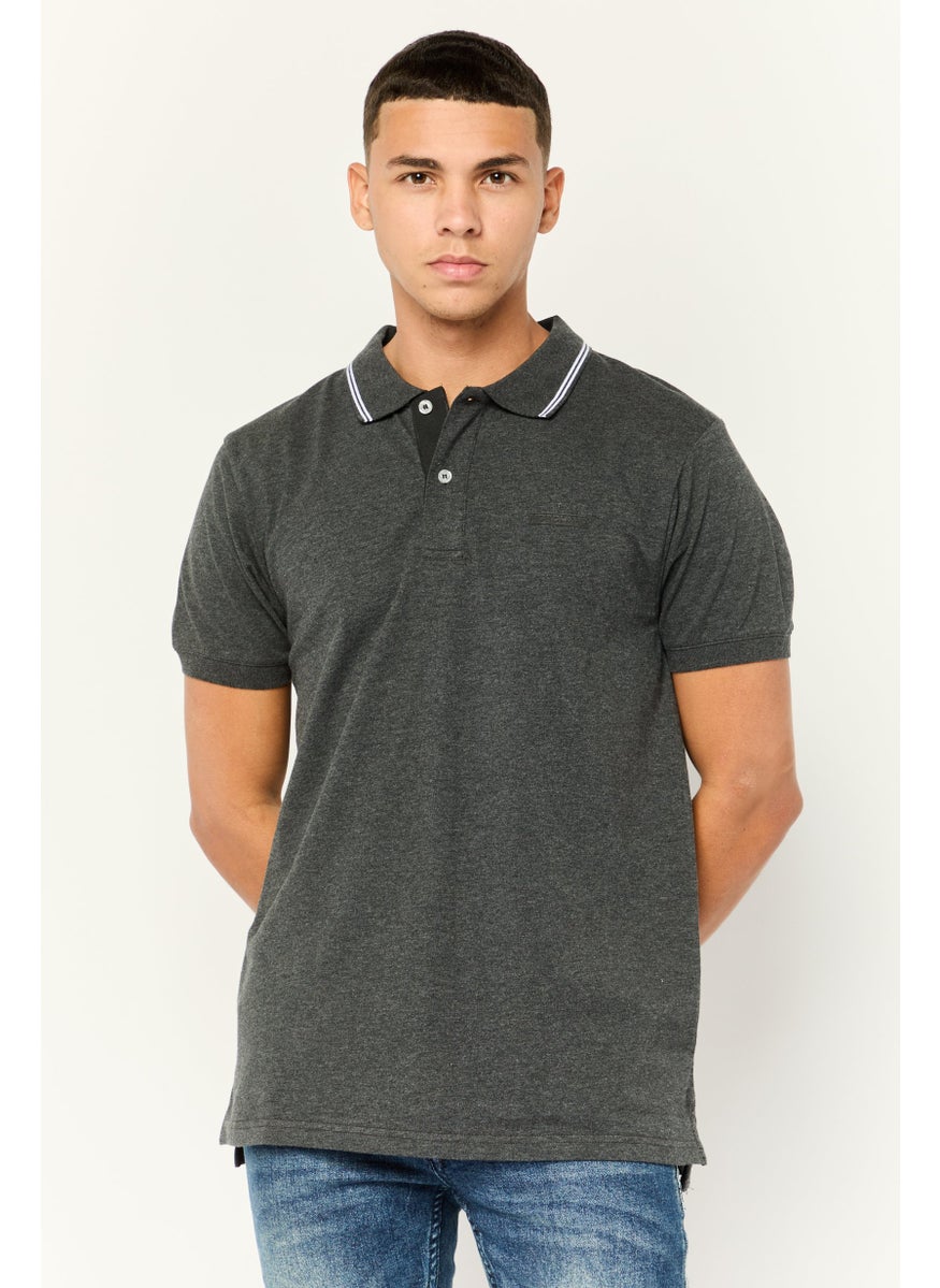Men Regular Fit Brand Logo Short Sleeves Polo Shirt, Grey
