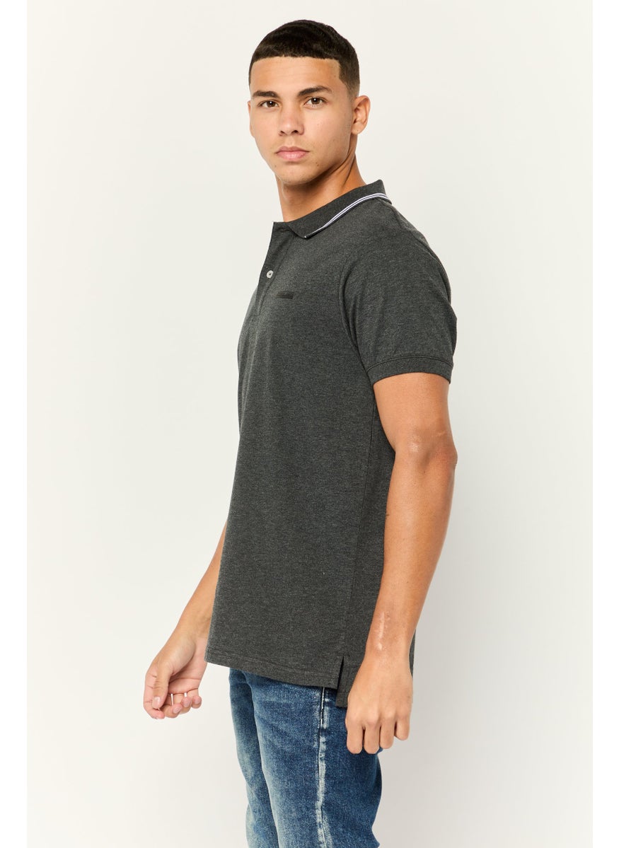 Men Regular Fit Brand Logo Short Sleeves Polo Shirt, Grey