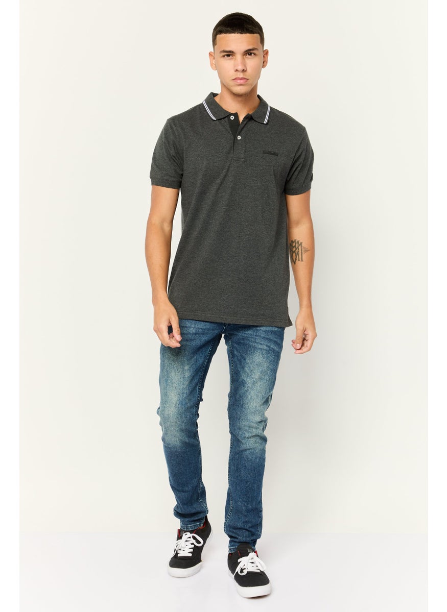 Men Regular Fit Brand Logo Short Sleeves Polo Shirt, Grey