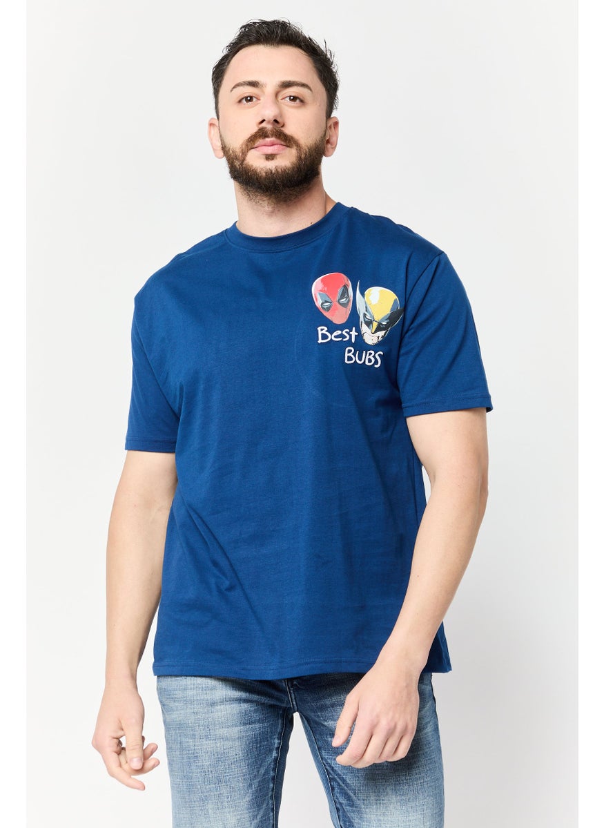 Men Crew Neck Short Sleeves Deadpool And Wolverine T-Shirt, Navy Blue