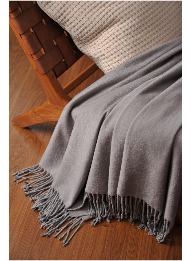 CUDDLE DREAMS Silk Throw Blanket with Hand-Knotted Fringe, Natural, Soft & Breathable (Gray)