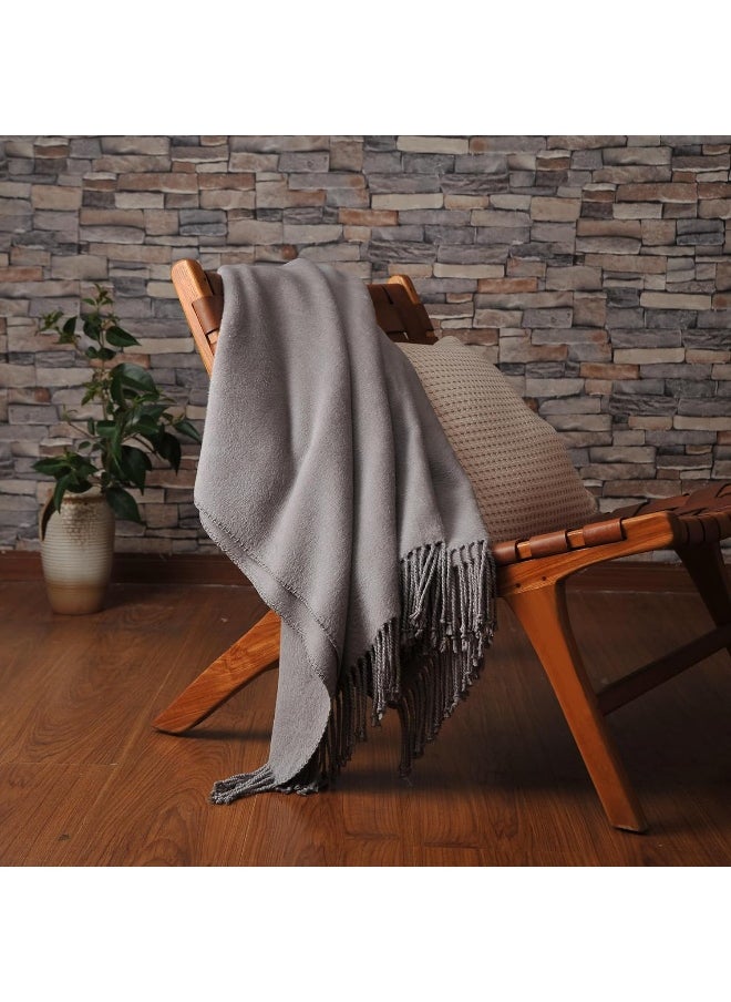 CUDDLE DREAMS Silk Throw Blanket with Hand-Knotted Fringe, Natural, Soft & Breathable (Gray)