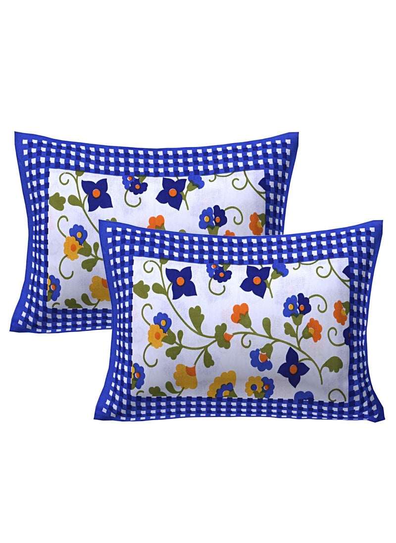 RajasthaniKart® Pure 100% Cotton Double Bed Sheet with 2 Pillow Covers (Bedsheet for Double Bed Cotton, Blue Flower Jaipuri, King Size,5194)