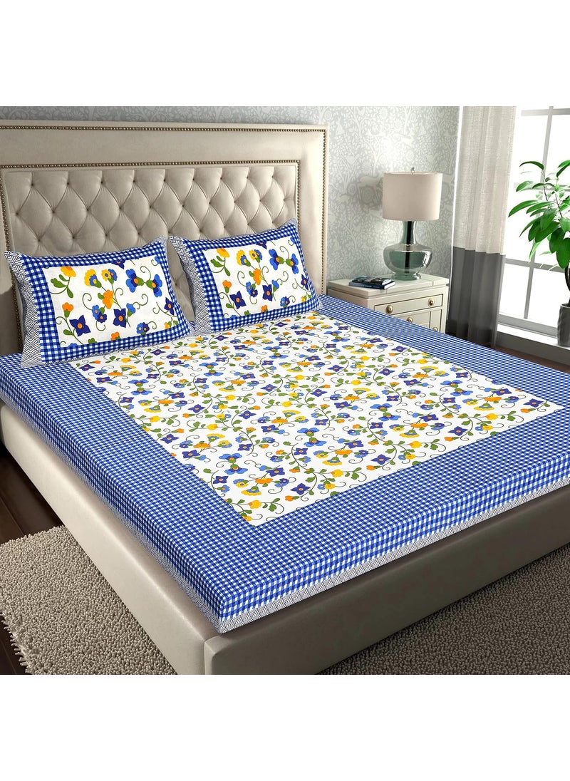 RajasthaniKart® Pure 100% Cotton Double Bed Sheet with 2 Pillow Covers (Bedsheet for Double Bed Cotton, Blue Flower Jaipuri, King Size,5194)
