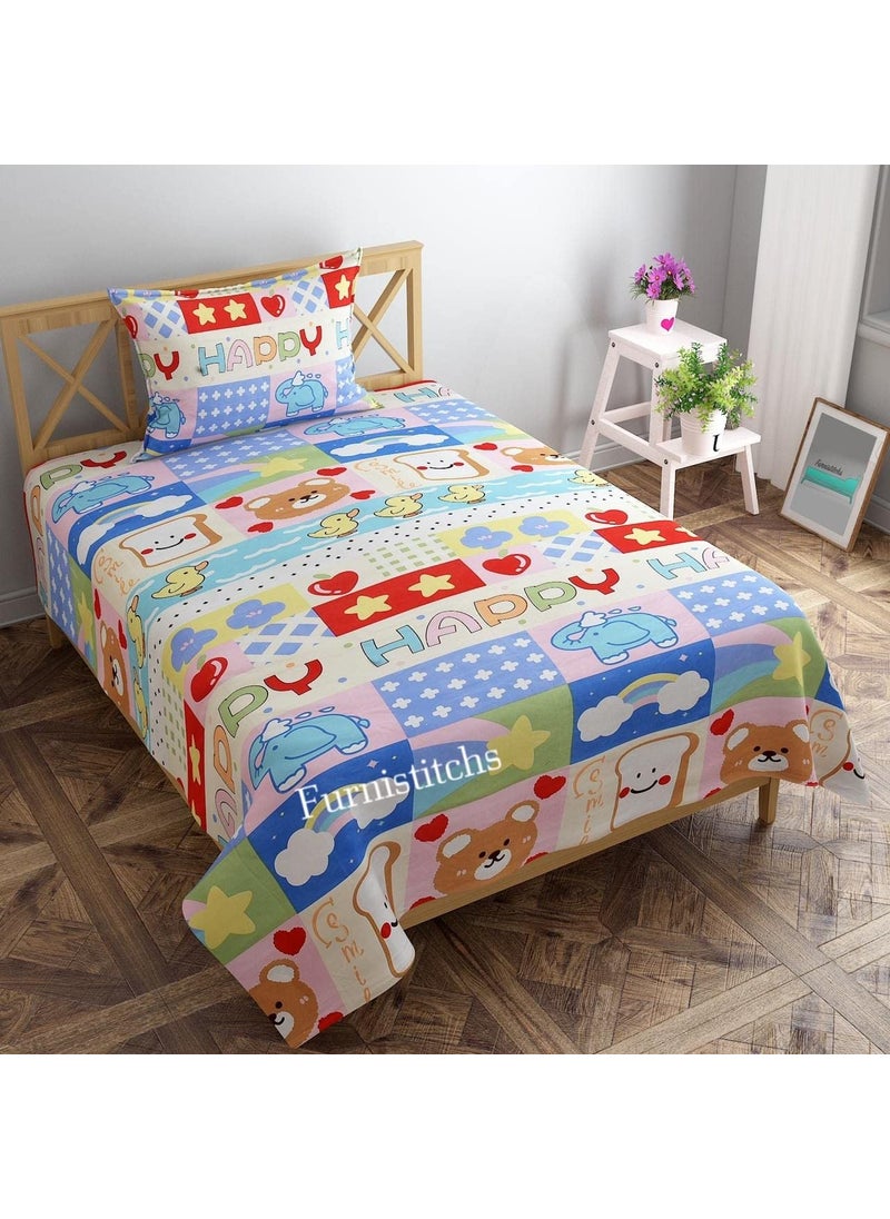 Furnistitchs Microfiber Kids Cartoon Print Single Bed Sheet with 1 Pillow Cover 60X 90 inches Cotton Feel Cats Happy Happy Single