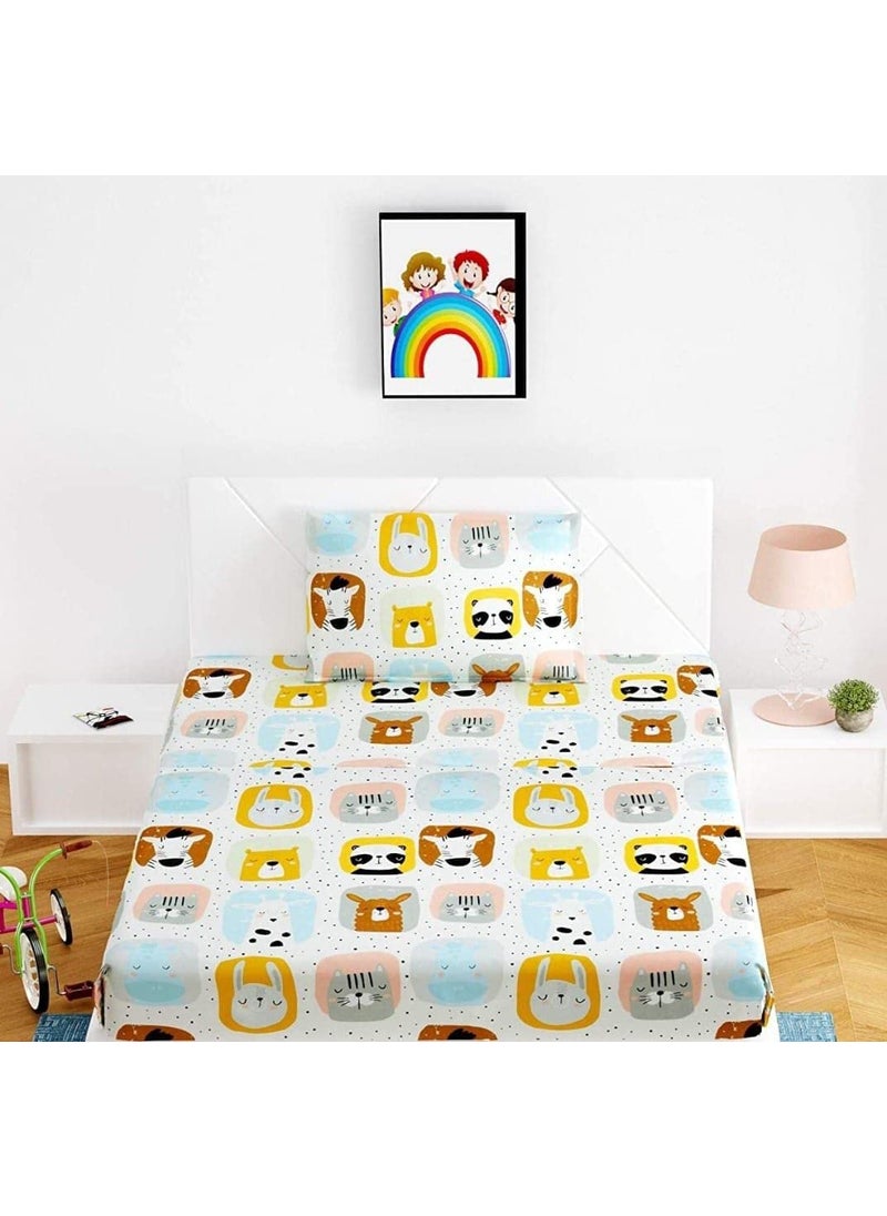 NISHOMES Kids Cute Animals Design Printed Single Bedsheet 144 Tc Glace Cotton with 1 Pillow Cover