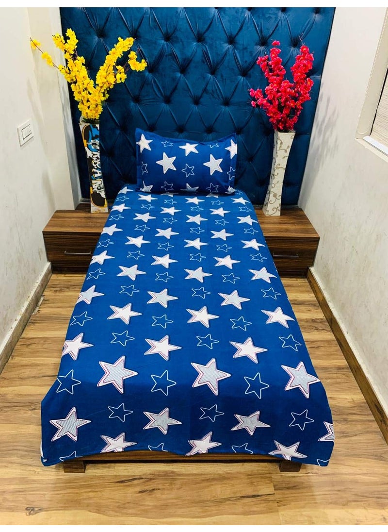 MIL Furnishings Cotton Feel Single Bedsheet with 1 Pillow Cover 60x 90 Blue Star Pack of 1