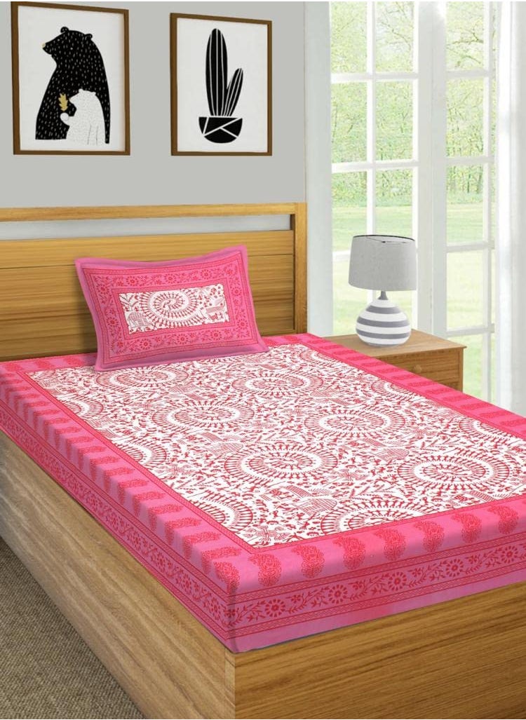 JAIPUR PRINTS 100 Cotton Jaipuri Traditional Single Bedsheet with 1 Pillow Covers Single Sale 12
