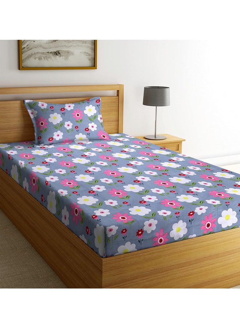 Luxury Trends Pure Cotton Feel 160TC Single Bedsheets for Single Bed Diwan Bed Size 90 x 60 Inches with 1 Pillow CoversSize18 X 28 Floral Pink White Grey