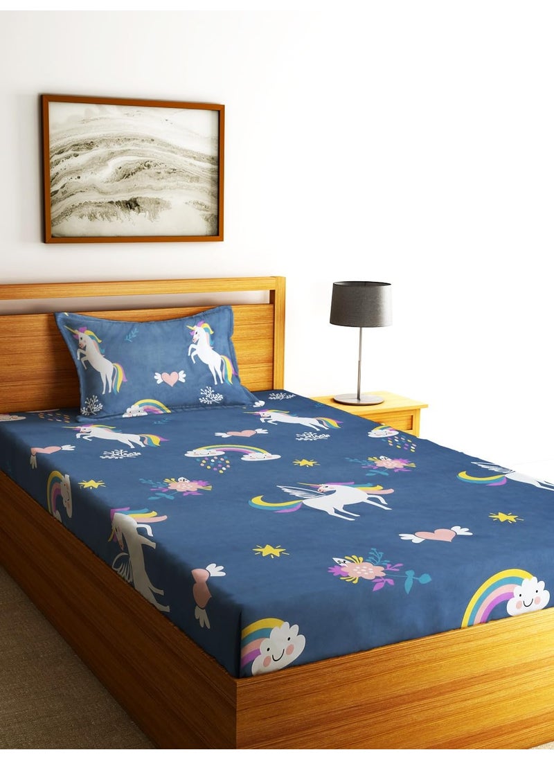 Home Sizzler 210 TC Glace Cotton Microfibre Unicorn Print Single Bedsheet with 1 Pillow Cover