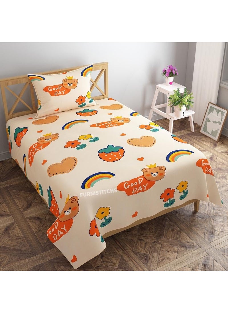 Furnistitchs Glace Cotton Single Bed Sheet with 1 Pillow Cover Kids Cartoon Bedsheets for Single Bed 150 X 230 cms Cream Berries Single 60x90