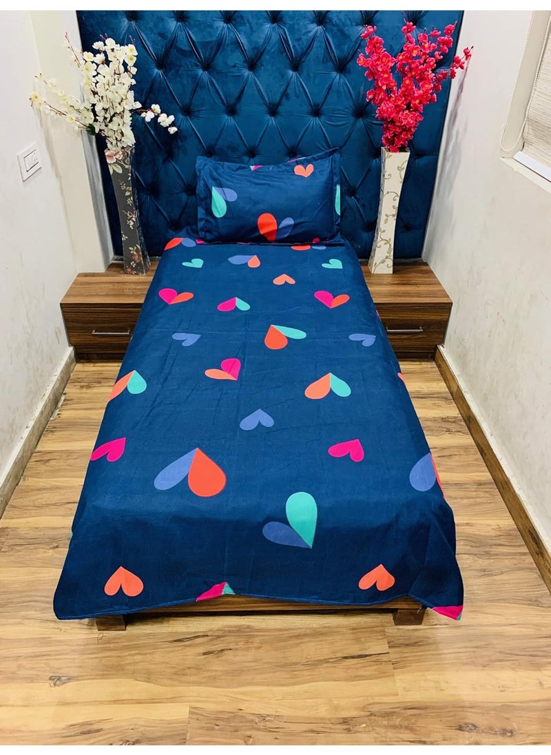 MIL Furnishings Cotton Feel Single Bedsheet with 1 Pillow Cover 60x 90 Blue Hearts
