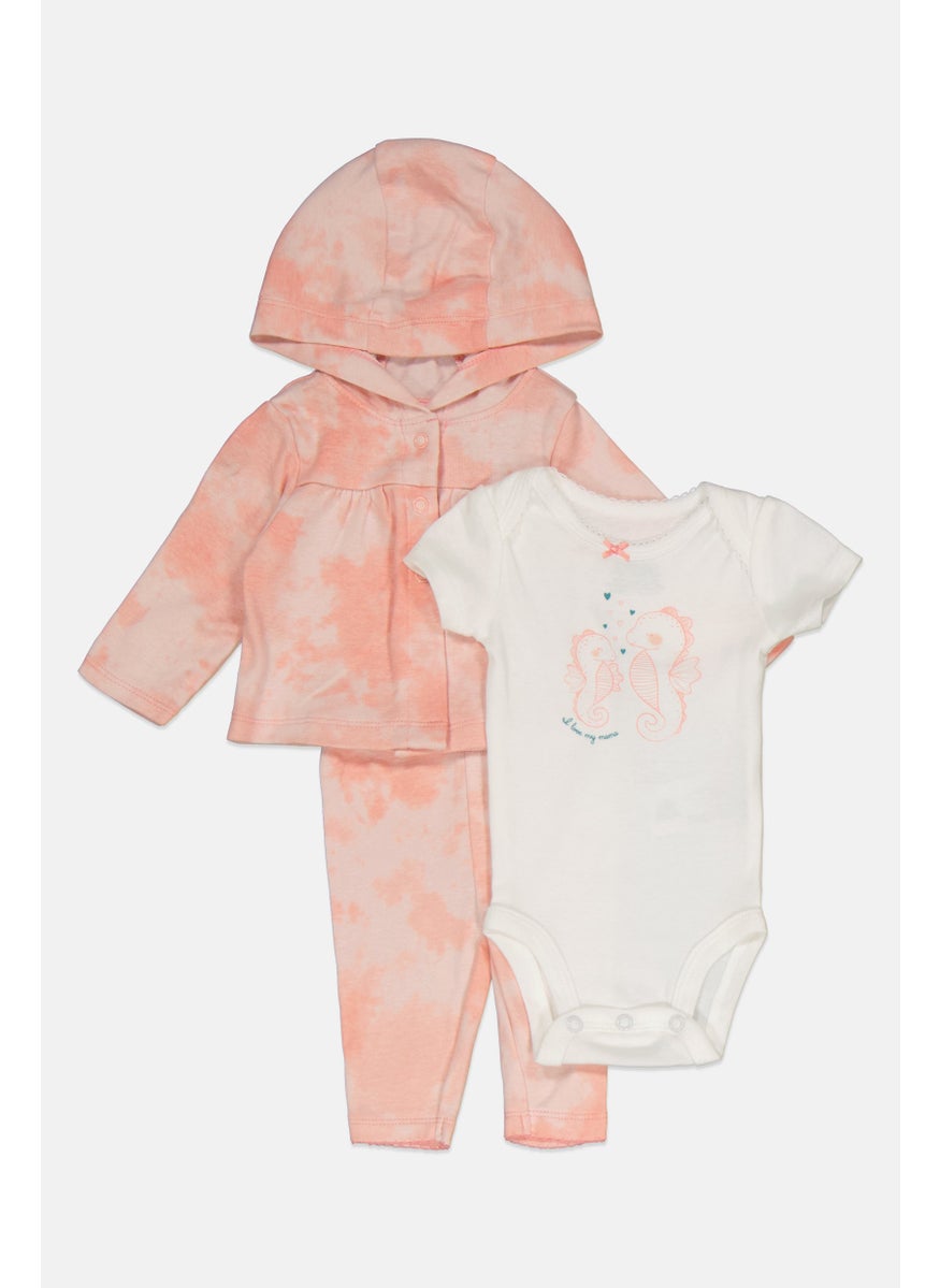 Toddlers Boy 3 Pcs Tie Dye Hoodie With Bodysuit And Pants Set, Pink/White
