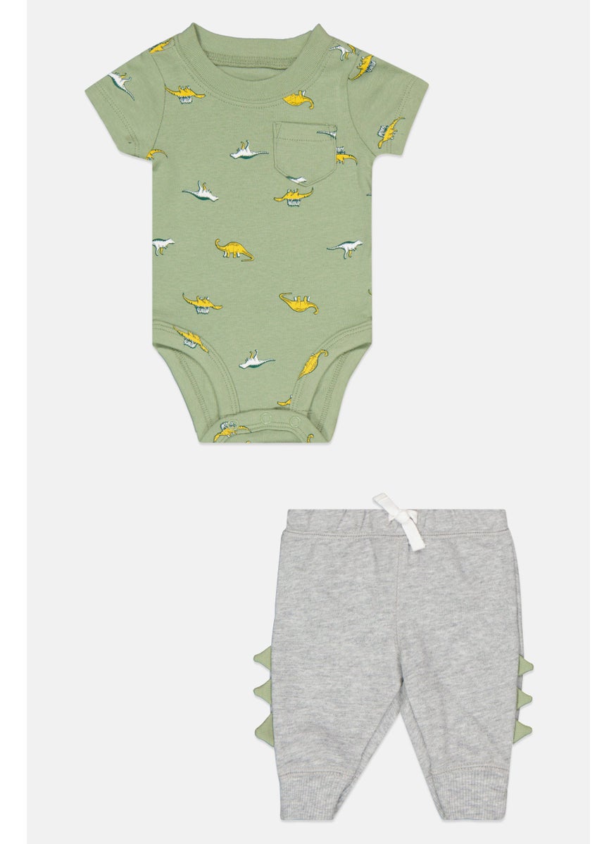 Toddlers Boy 2 Pc Allover Printed Bodysuit And Pants Set, Green/Grey Combo