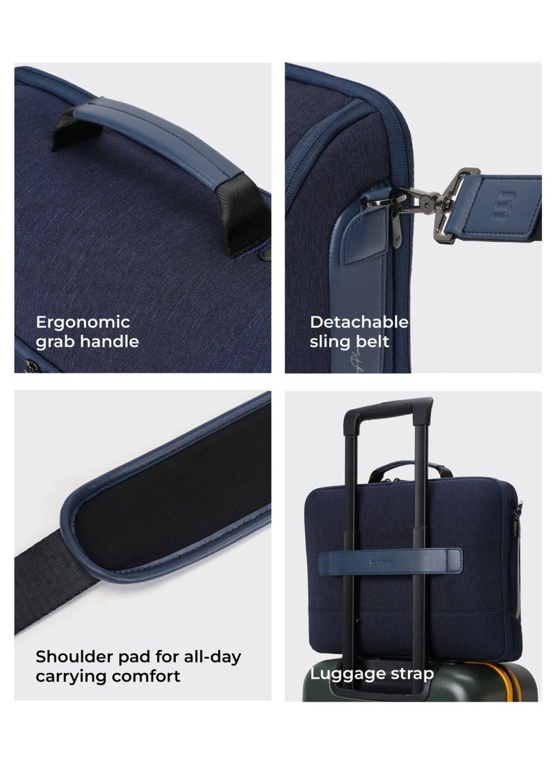 The Transit Briefcase Vegan Leather & Nylon 15L Laptop Crossbody Messenger Bag for Men & Women (Tailored Blue)