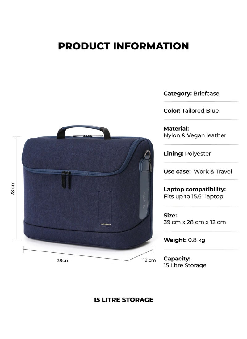 The Transit Briefcase Vegan Leather & Nylon 15L Laptop Crossbody Messenger Bag for Men & Women (Tailored Blue)