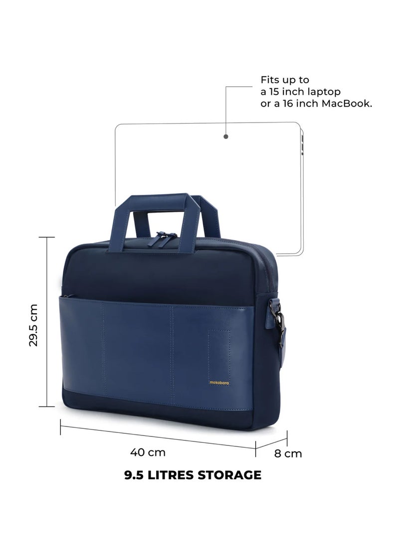The Briefcase With Adjustable Shoulder Strap Vegan Leather, Water Resistant, Blue, Fits upto 15.6