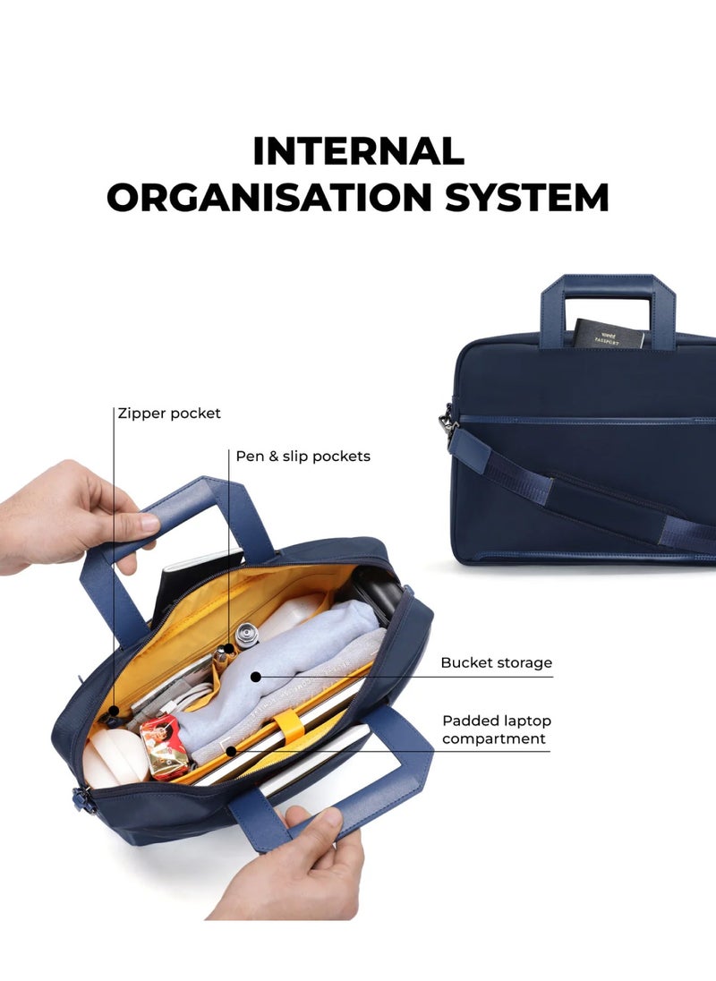 The Briefcase With Adjustable Shoulder Strap Vegan Leather, Water Resistant, Blue, Fits upto 15.6