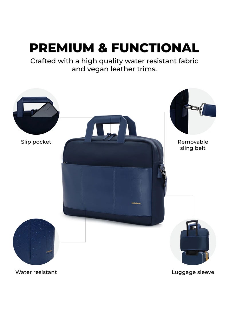 The Briefcase With Adjustable Shoulder Strap Vegan Leather, Water Resistant, Blue, Fits upto 15.6