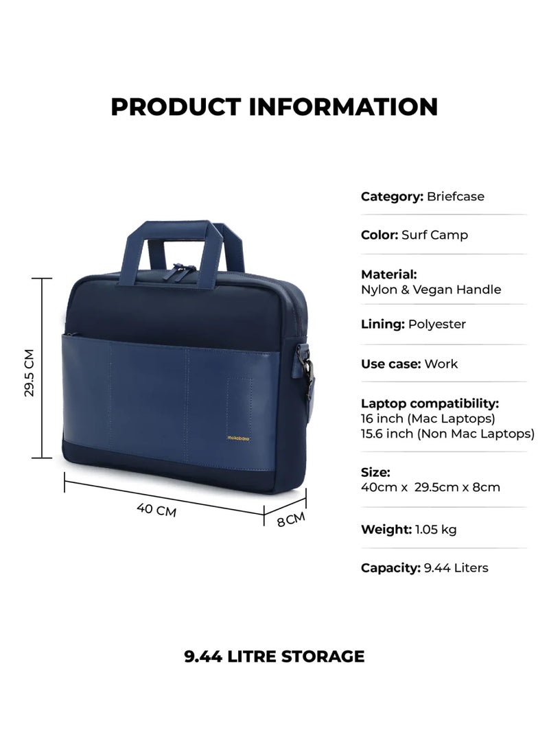 The Briefcase With Adjustable Shoulder Strap Vegan Leather, Water Resistant, Blue, Fits upto 15.6