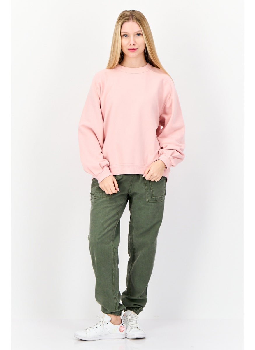 Women Ribbed Neck Long Sleeves Plain Sweatshirt, Pink