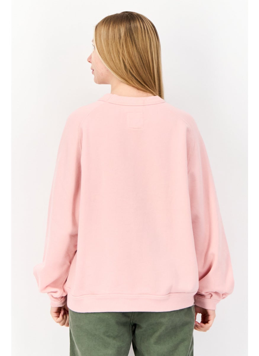 Women Ribbed Neck Long Sleeves Plain Sweatshirt, Pink