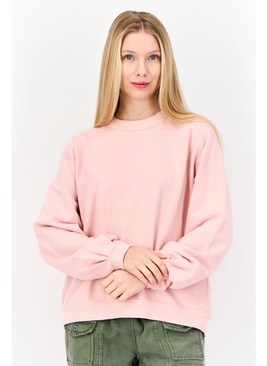 Women Ribbed Neck Long Sleeves Plain Sweatshirt, Pink