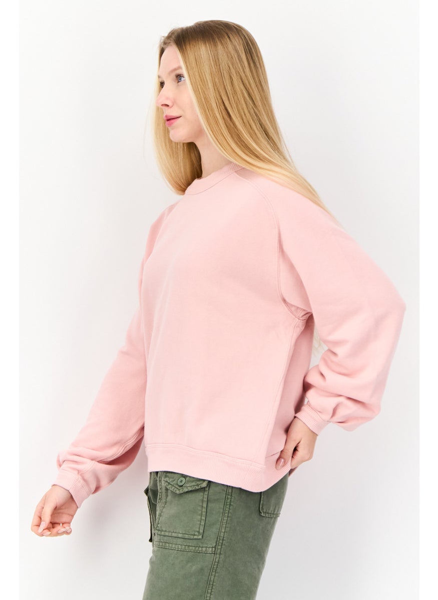 Women Ribbed Neck Long Sleeves Plain Sweatshirt, Pink