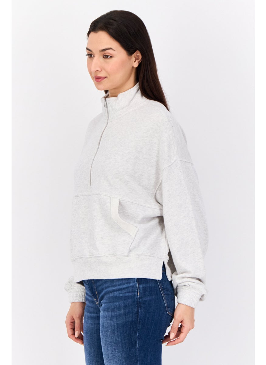 Women Mock Neck Heather Long Sleeves Sweatshirt, Light Grey
