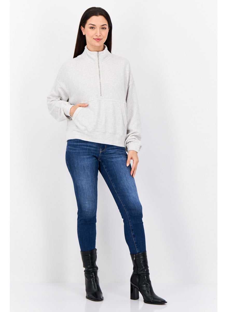 Women Mock Neck Heather Long Sleeves Sweatshirt, Light Grey