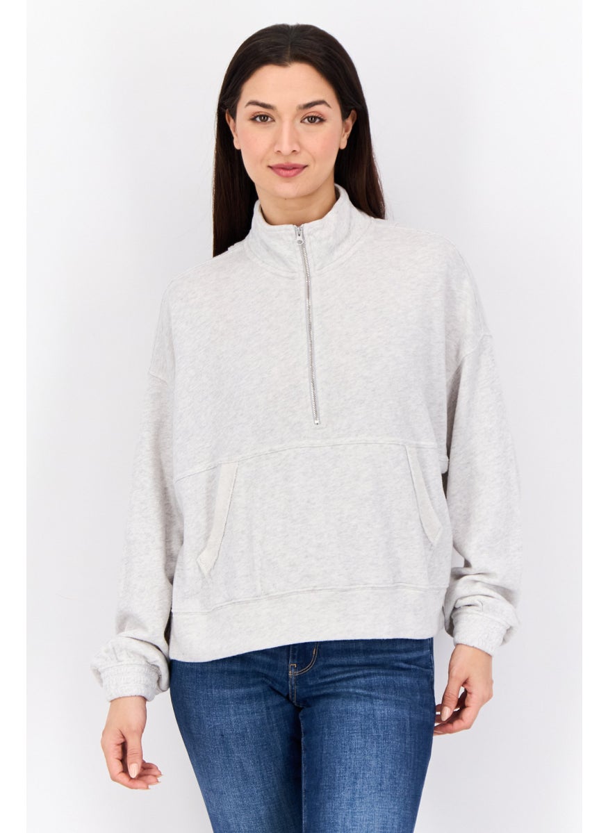 Women Mock Neck Heather Long Sleeves Sweatshirt, Light Grey