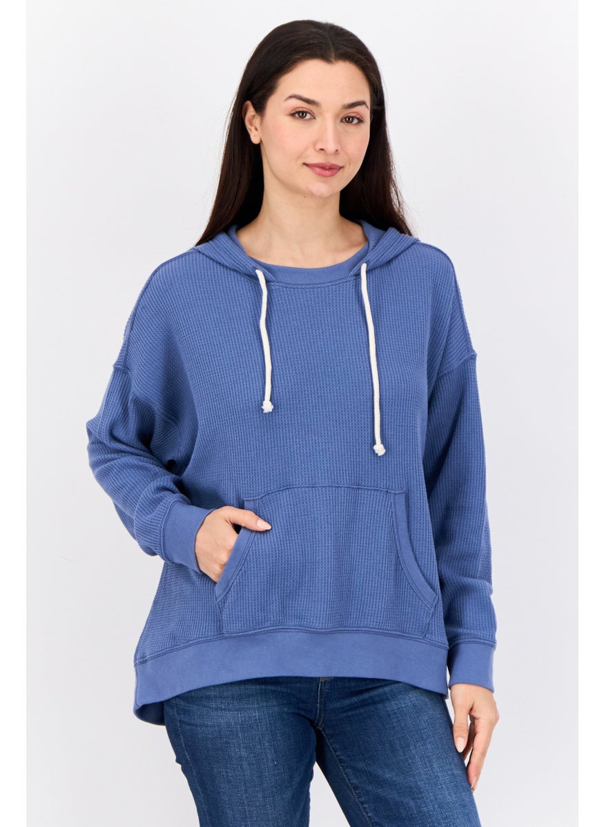 Women Textured Long Sleeve Hoodies, Slate Blue