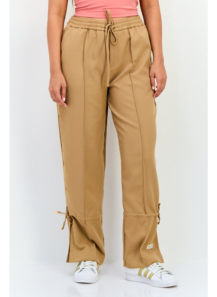 Women Regular Fit Solid Wide Leg Pants, Tan