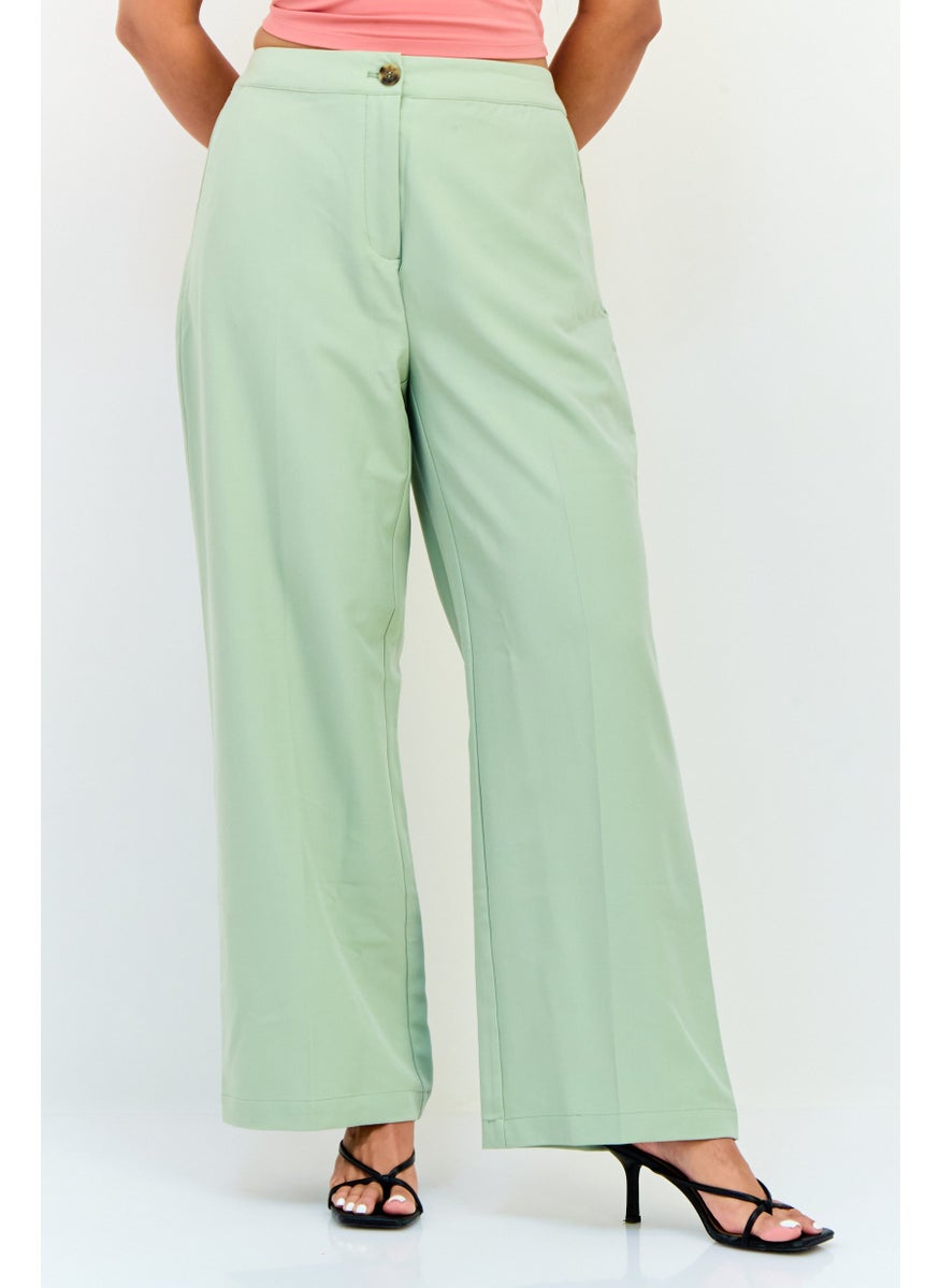 Women Regular Fit Plain Wide Leg Palazzo Pants, Sage Green