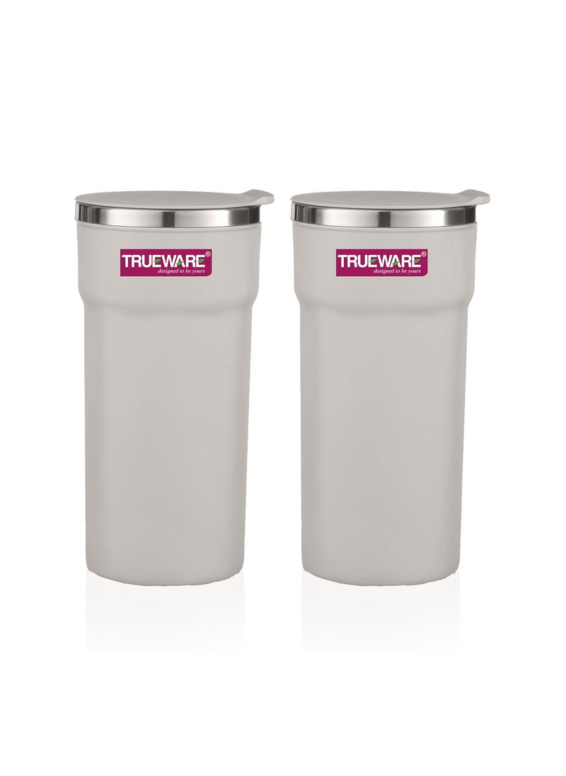 Trueware ACE XL 420 ML Inner Steel Outer Plastic Insulated Coffee CupMugTumbler Set of 2 for Hot and Cold Drinks BPAFree Food Grade Ideal for CarHomeOfficeTravelling Grey