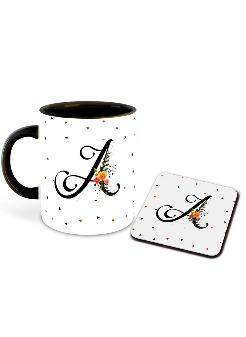 DecorVecor Letter A Name Initial Alphabet Inspiration Printed Black Inner Ceramic Coffee Mug with Coaster Birthday Anniversary Best Gift Hobby Multi 1