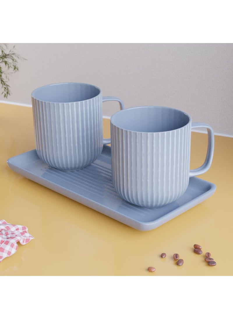 The Earth Store Premium Handmade Ceramic Fringe Blue Coffee Mug with Tray Microwave Dishwasher Safe Set of 3 2 Mugs and 1 Tray 300ml Best Gift for Your Loved Ones