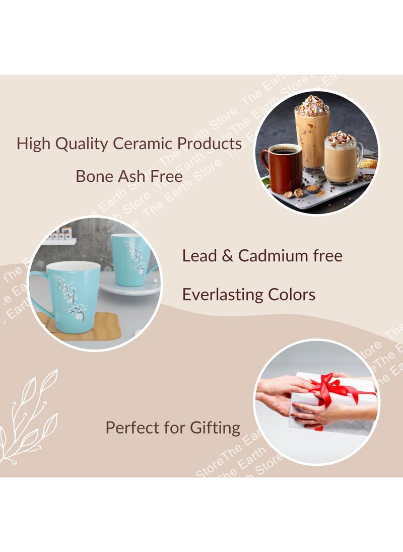 The Earth Store Blossom Blue Coffee Mug Set of 4 Ceramic Mugs to Gift to Best Friend Tea Mugs Microwave Safe Coffee Mugs Ceramic Tea Cups 330 ml Each