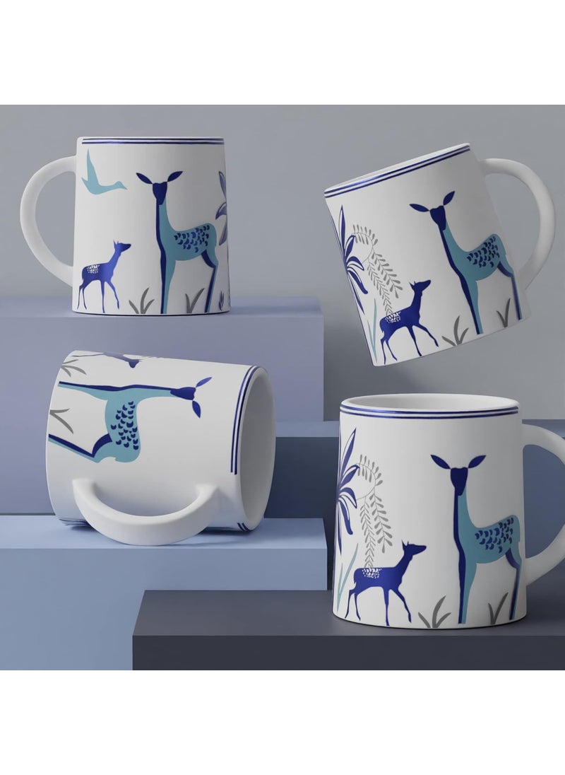 The Earth Store Stag Blue Coffee Mug Set of 4 to Gift to Best Friends Coffee Mugs Microwave Safe Ceramic Mugs300 ml Each
