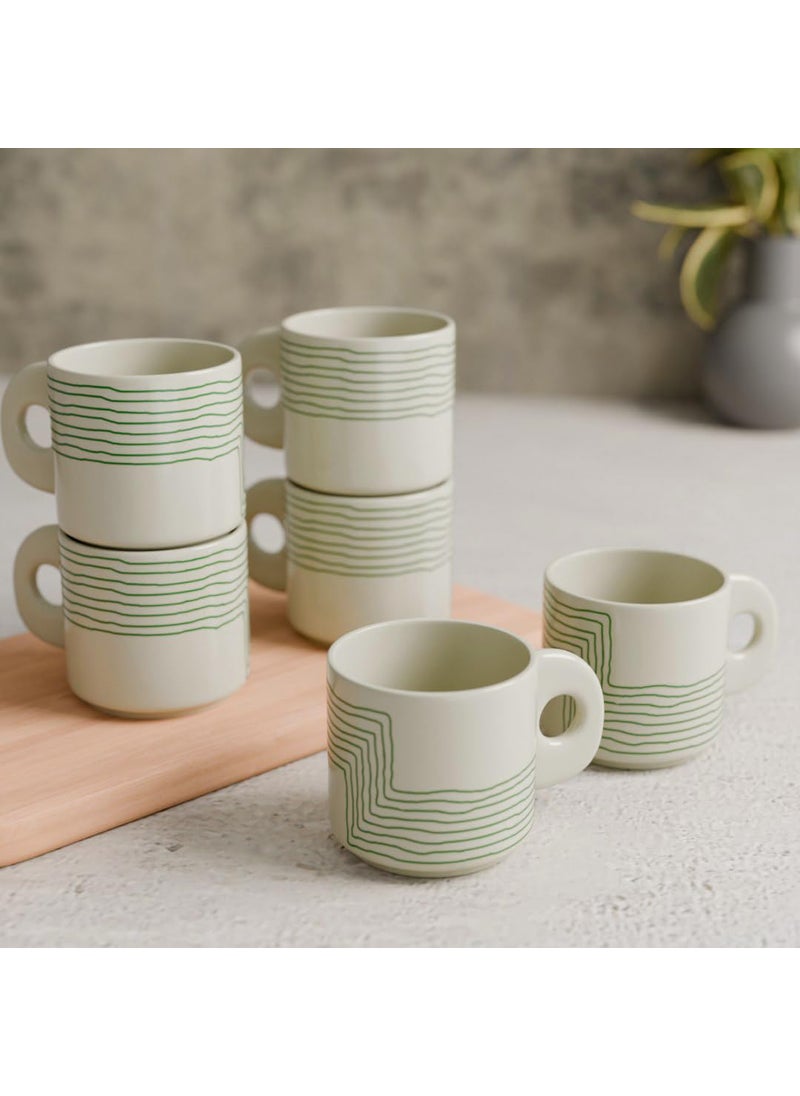 The Earth Store Cream Green Ziggy Ceramic Tea Cup Set of 6 200 ML Each Microwave and Dishwasher Safe Coffee Cups Cup Set of 6 for TeaChai Coffee Ideal for Gifting Home Office Every Occasion