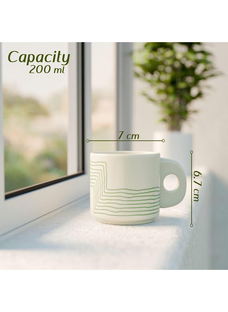 The Earth Store Cream Green Ziggy Ceramic Tea Cup Set of 6 200 ML Each Microwave and Dishwasher Safe Coffee Cups Cup Set of 6 for TeaChai Coffee Ideal for Gifting Home Office Every Occasion