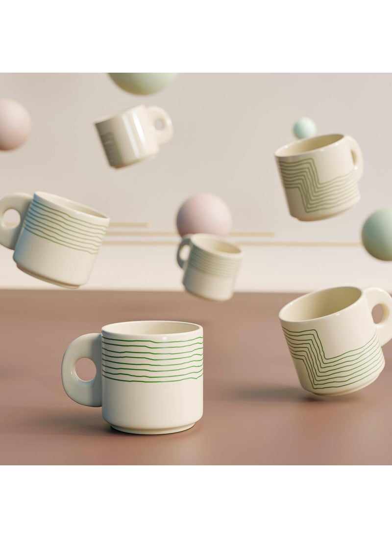 The Earth Store Cream Green Ziggy Ceramic Tea Cup Set of 6 200 ML Each Microwave and Dishwasher Safe Coffee Cups Cup Set of 6 for TeaChai Coffee Ideal for Gifting Home Office Every Occasion