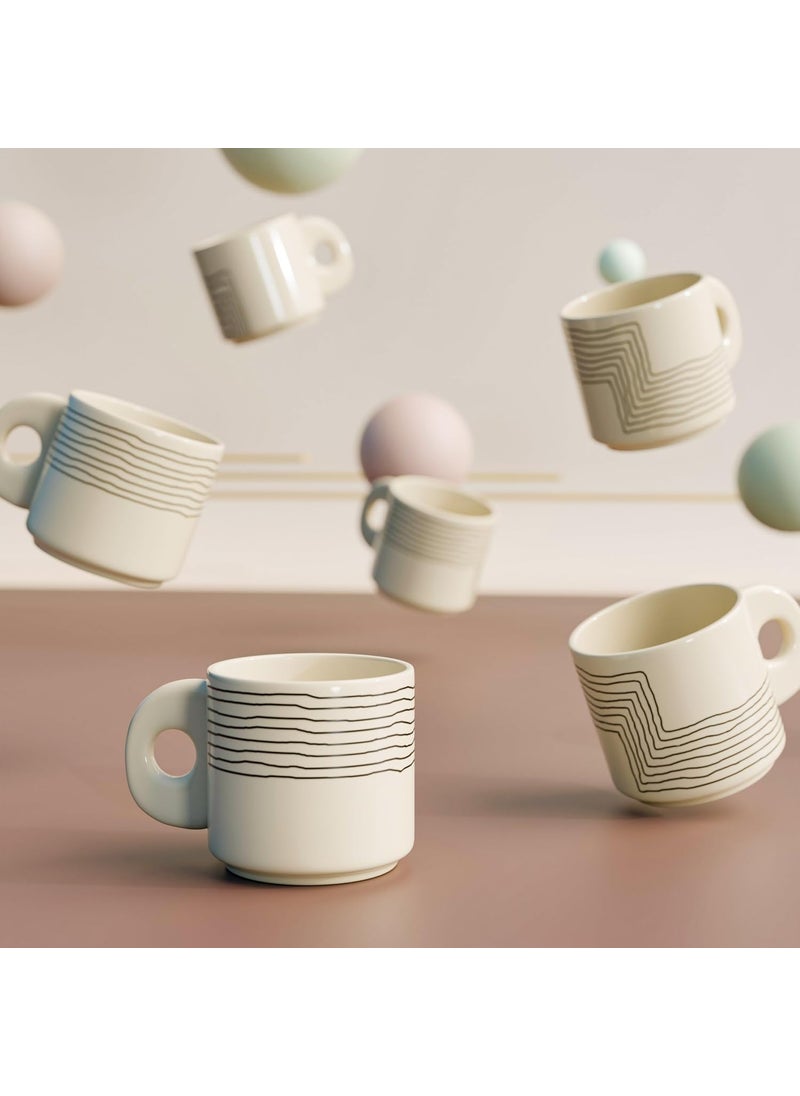 The Earth Store Cream Black Ziggy Ceramic Tea Cup Set of 6 200 ML Each Microwave and Dishwasher Safe Coffee Cups Cup Set of 6 for TeaChai Coffee Ideal for Gifting Home Office Every Occasion