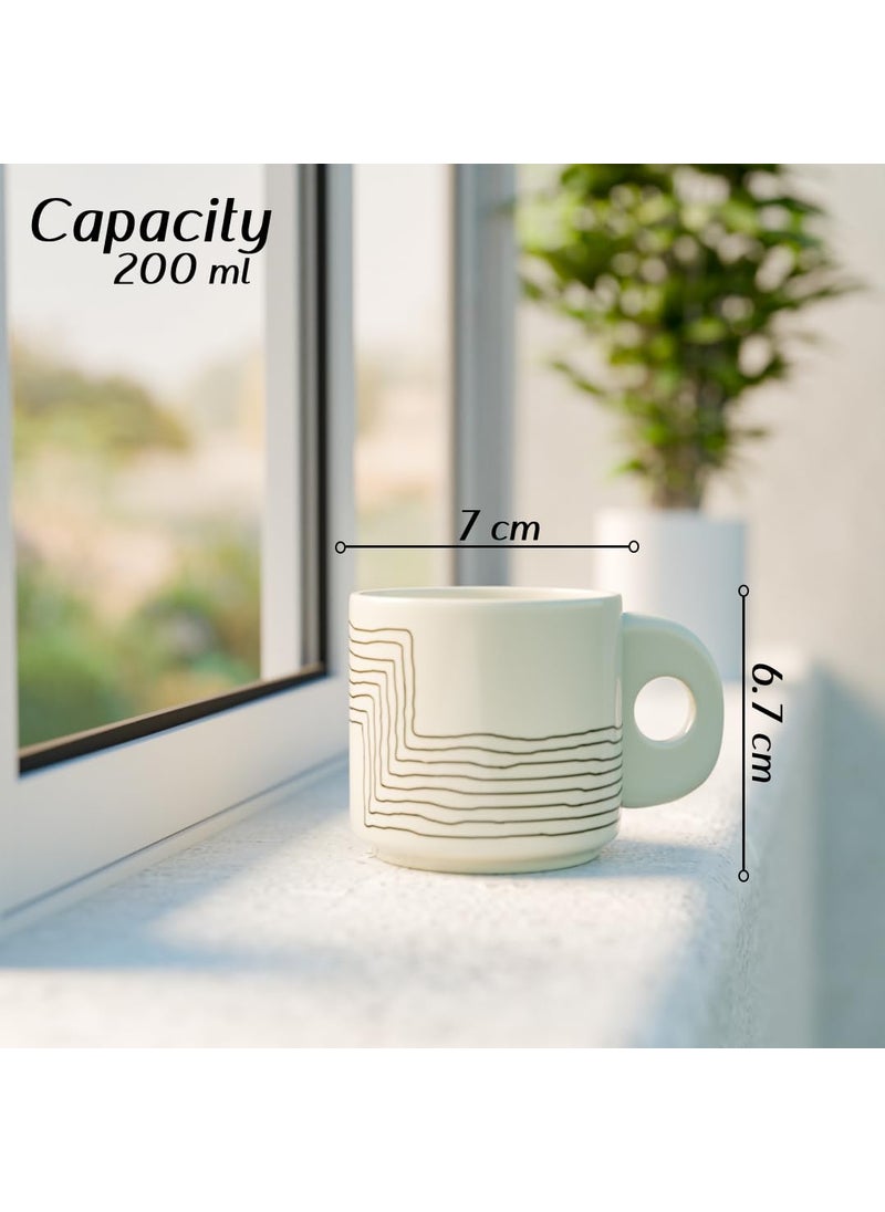 The Earth Store Cream Black Ziggy Ceramic Tea Cup Set of 6 200 ML Each Microwave and Dishwasher Safe Coffee Cups Cup Set of 6 for TeaChai Coffee Ideal for Gifting Home Office Every Occasion