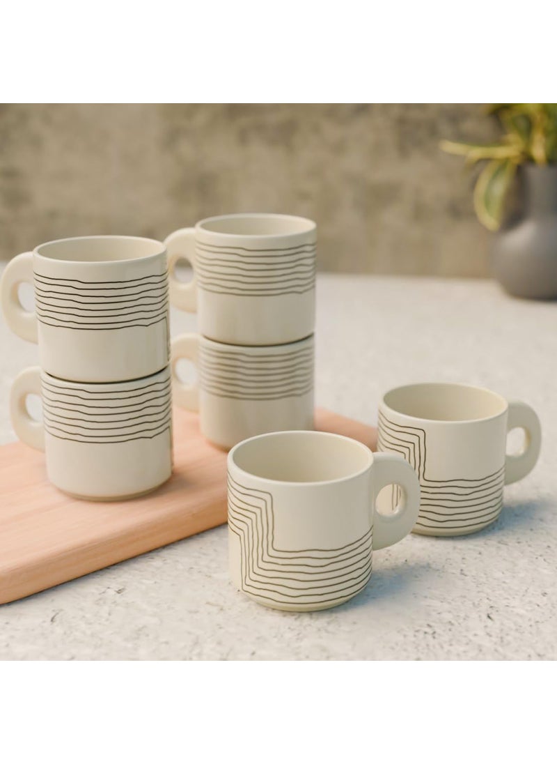 The Earth Store Cream Black Ziggy Ceramic Tea Cup Set of 6 200 ML Each Microwave and Dishwasher Safe Coffee Cups Cup Set of 6 for TeaChai Coffee Ideal for Gifting Home Office Every Occasion