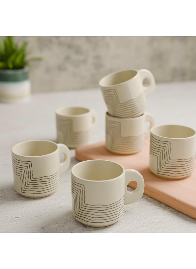 The Earth Store Cream Black Ziggy Ceramic Tea Cup Set of 6 200 ML Each Microwave and Dishwasher Safe Coffee Cups Cup Set of 6 for TeaChai Coffee Ideal for Gifting Home Office Every Occasion
