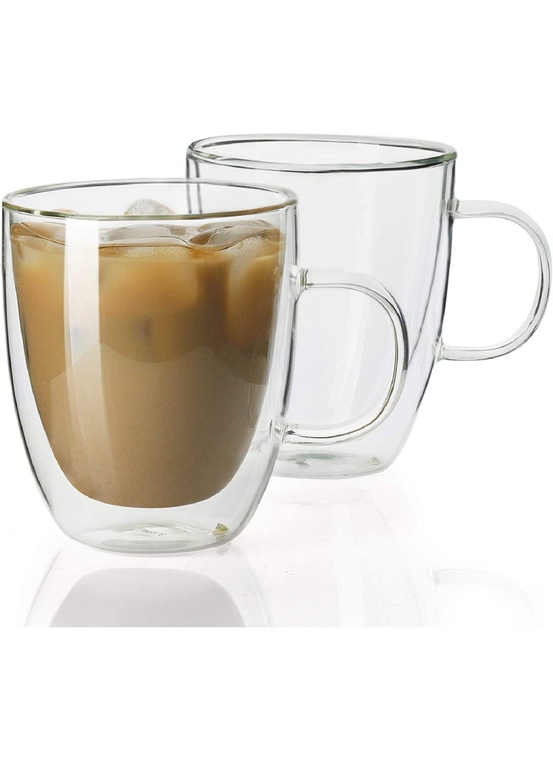 WOODTULA LargeCapacity DoubleLayer Glass Coffee Cups Insulated Tea Coffee Mug with Handles Latte Cappuccino Espresso 350ml Set of 2