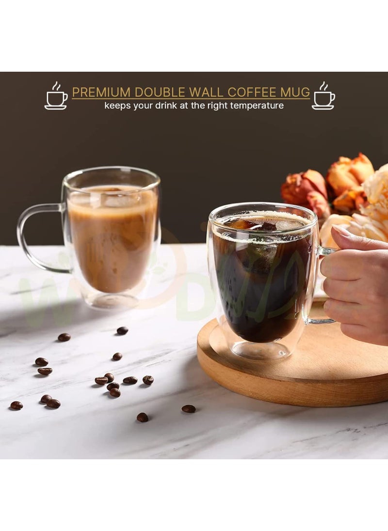 WOODTULA LargeCapacity DoubleLayer Glass Coffee Cups Insulated Tea Coffee Mug with Handles Latte Cappuccino Espresso 350ml Set of 2