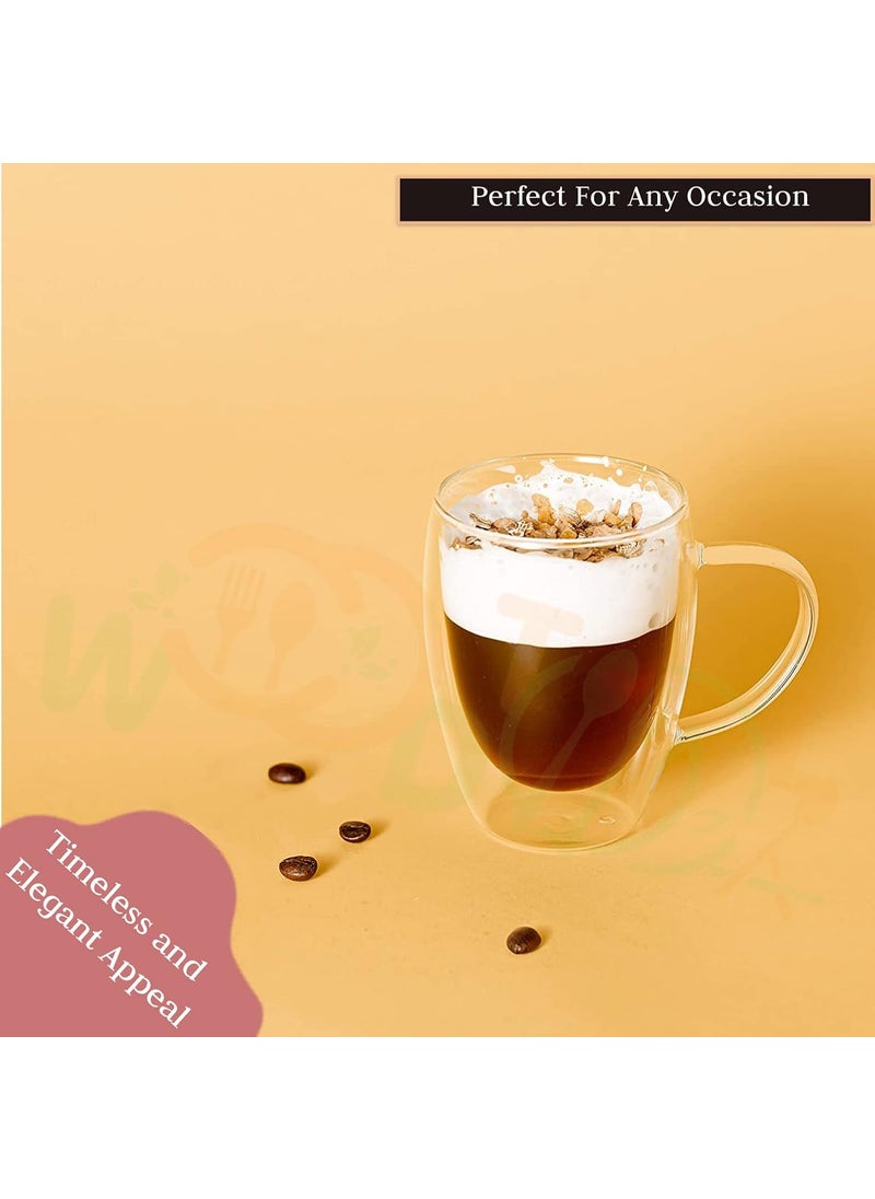 WOODTULA LargeCapacity DoubleLayer Glass Coffee Cups Insulated Tea Coffee Mug with Handles Latte Cappuccino Espresso 350ml Set of 2