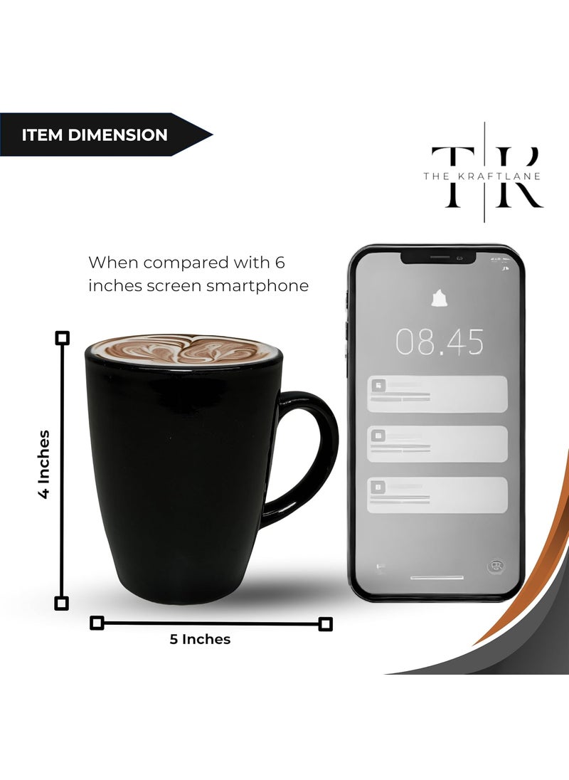 TheKraftLane Black Glossy Stoneware Ceramic Coffee Mug Microwave Safe Dishwasher Safe Modern Coffee Mugs with Handle for Tea Milk Coffee Latte Cappuccino 300 ml Set of 6